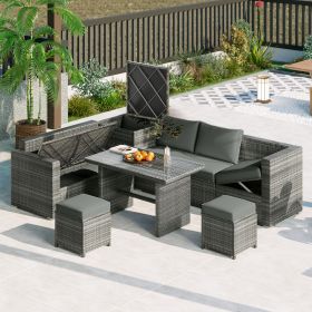 Outdoor 6-Piece All Weather PE Rattan Sofa Set; Garden Patio Wicker Sectional Furniture Set with Adjustable Seat; Storage Box; Removable Covers and Te (Color: Grey)