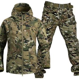 Outdoor Shark Skin Warmth Jackets Pants Set Men Tactical Camo Autumn Winter Thickened Coat Soft Shell Large Size Jacket (Color: CP, size: 4XL)