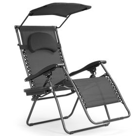 Folding Recliner Lounge Chair with Shade Canopy Cup Holder (Color: Black)