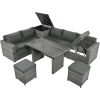 Outdoor 6-Piece All Weather PE Rattan Sofa Set; Garden Patio Wicker Sectional Furniture Set with Adjustable Seat; Storage Box; Removable Covers and Te